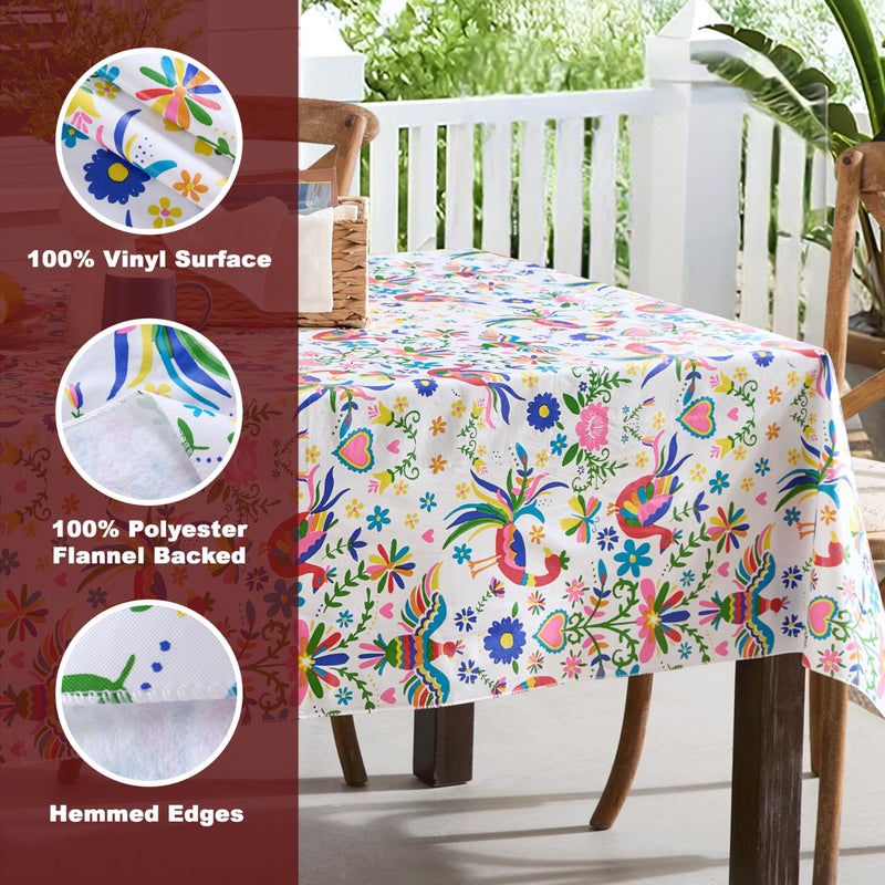 Newbridge Spring and Easter Spring Holiday Otomi Folk Art Vinyl Tablecloth, 60 x 102 Inch Rectangle, Colorful Birds, Hearts and Flowers Print, Flannel Backed Wipe Clean Table Cover for Dining - Image 4